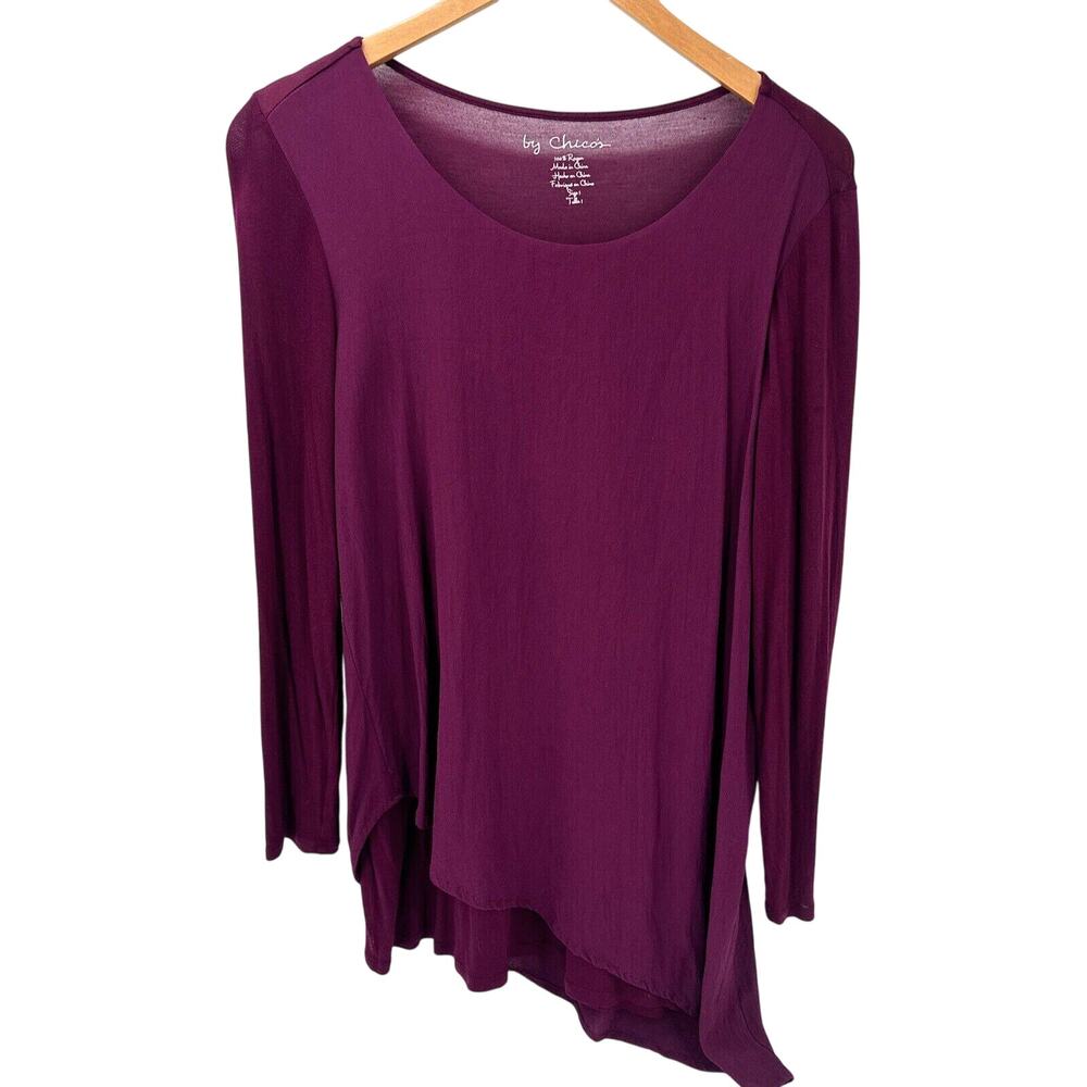 Chico's Tunic Top Womens Medium Burgundy Asymmetrical‎ Hem Lined Pullover